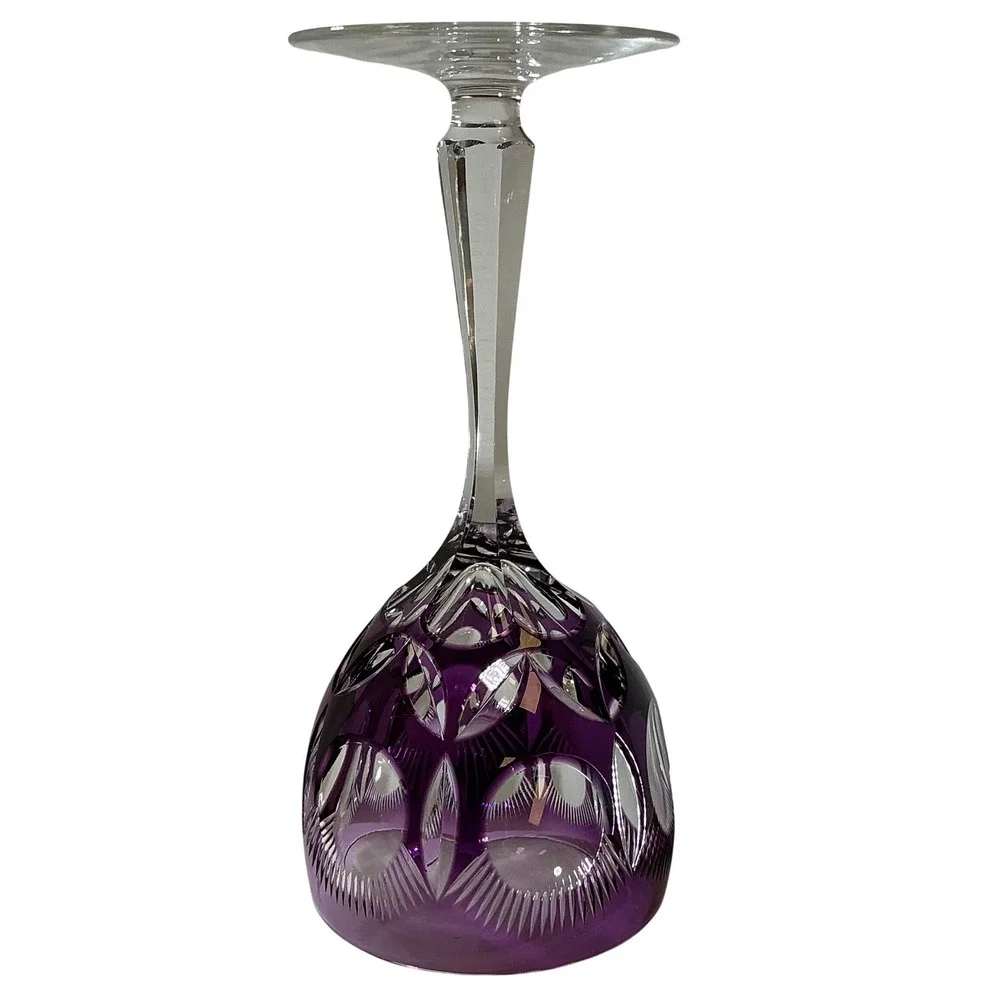 Vintage BOHO Amethyst Purple Cut to Clear Crystal Wine Goblet Faceted Stem 8.25